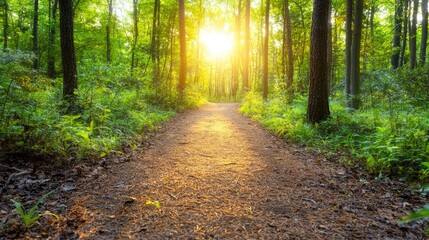 Obraz premium Sunlit forest path at sunset; peaceful nature scene
