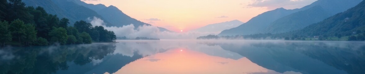 Fototapeta premium A soft layer of mist envelops the serene mountain lake at dawn, serene, peaceful