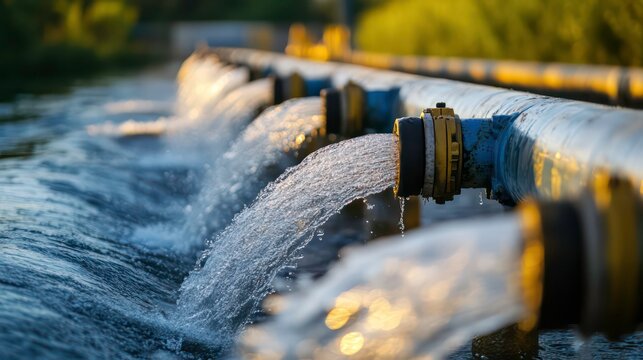 A row of pipes at an oil and gas pow releasing water in a continuous flow, creating a dynamic fountain.