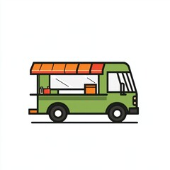 Green food truck parked on the side of the road for selling food in summer