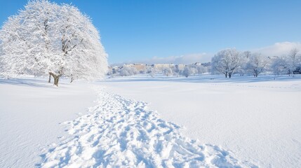Fototapeta premium Snowy park path, winter trees, city skyline background, peaceful landscape