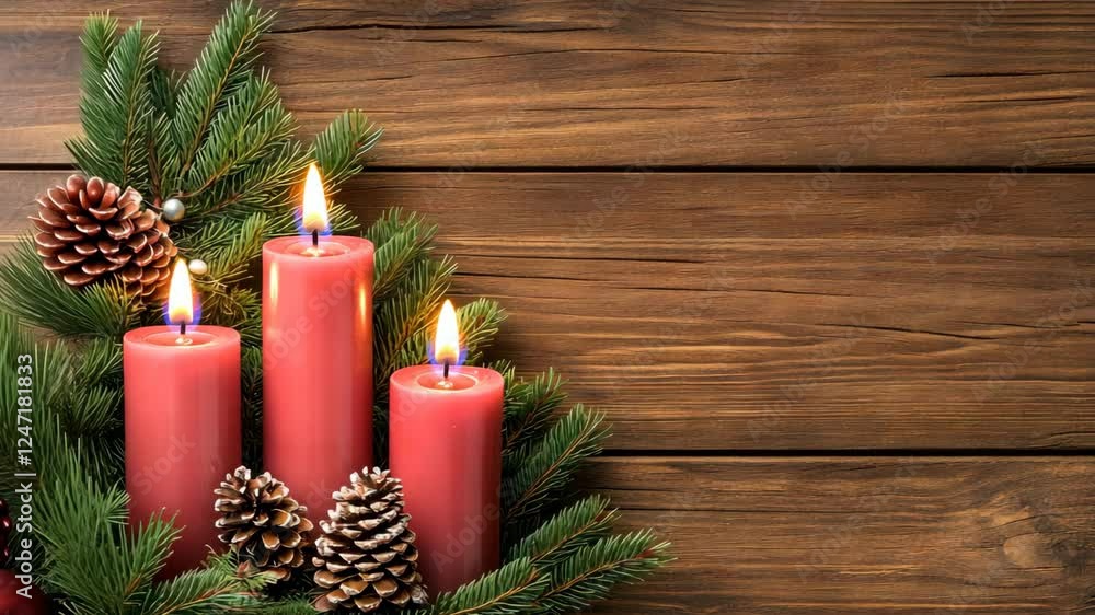 Poster candles flicker softly on a wooden table decorated with pine branches and pinecones, creating a warm