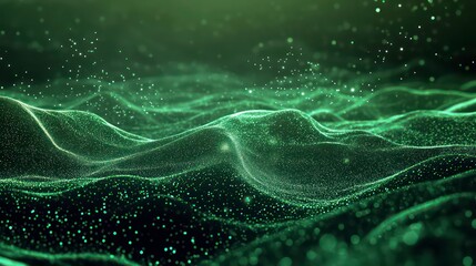 Abstract green digital landscape with glowing fiber-optic strands and particles.