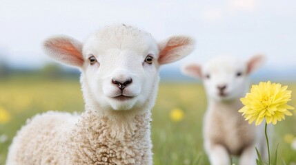 Naklejka premium Two lambs in spring meadow, flowers blurred background, cute farm animals