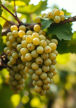 A close-up view of green grapes clustered on a vine branch highlighting the details of each grape and the textured vine creating a vivid and vibrant depiction of vineyard produce in penedes spain boke