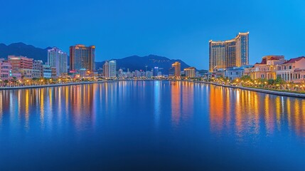 Obraz premium Cityscape, harbor, twilight, reflection, mountains, lights, Asian, waterfront, tourism, panorama