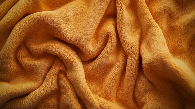 A warm, golden blanket lies in gentle folds, inviting touch and warmth. Its soft texture adds comfort to any environment, perfect for creating a cozy nook during chilly evenings