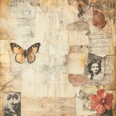 Vintage Collage Featuring Butterfly Girl Flower and Text