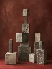 Modern abstract sculpture made of geometric stone blocks on textured red background, showcasing minimalist design and artistic expression