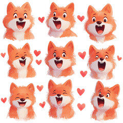 Fototapeta premium Joyful Cartoon Foxes with Expressions and Hearts for Creative Projects