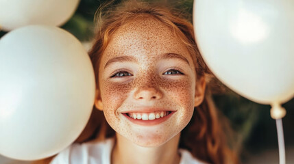 Naklejka premium Joyful young girl with freckles smiling brightly, surrounded by white balloons. Her happiness and innocence are captured beautifully against a soft, blurred background
