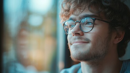 Fototapeta premium Smiling young man with curly hair and glasses looking out of a window, hopeful expression