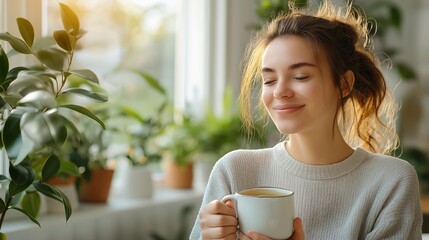 Happy Woman Enjoying a Warm Cup of Tea in a Cozy Room