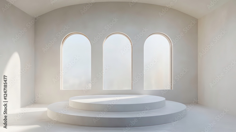 Poster a minimalist white space with three arched windows and a circular platform