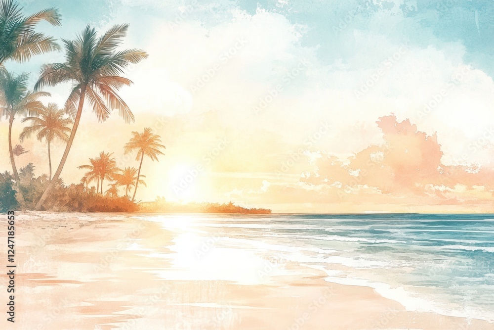 Aufkleber serene sunset at a tropical beach with palm trees and gentle waves in a watercolor illustration. gen