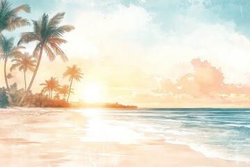Serene sunset at a tropical beach with palm trees and gentle waves in a watercolor illustration. Generative AI