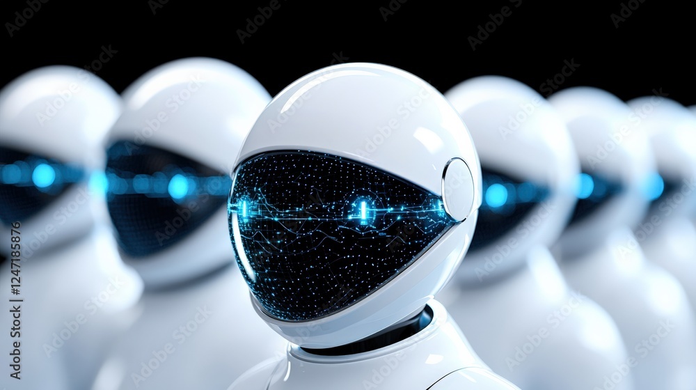 Poster futuristic robots in formation high-tech laboratory digital art sci-fi environment close-up view art