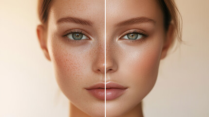 Split-Screen Beauty Comparison of Young Woman's Face