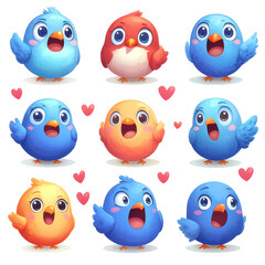Fototapeta premium Colorful Cartoon Birds with Cute Expressions and Cheerful Poses in a Fun Layout