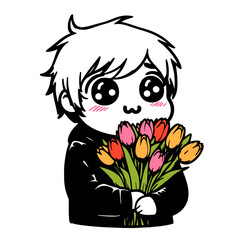 cute boy with tulip flowers, anime style doodle sketch