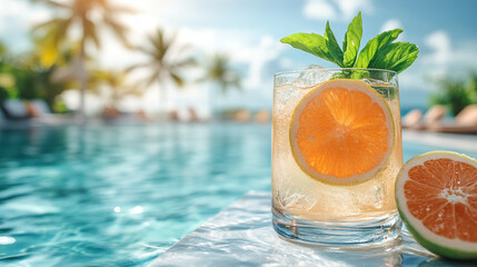 Fototapeta premium Refreshing cocktails with citrus slices placed by the poolside, surrounded by palm trees, clear blue water, and a glimpse of the sunny beach in the background