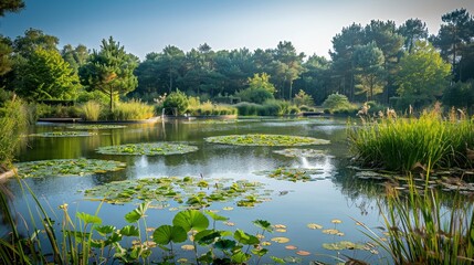 Fototapeta premium Vibrant aquaculture farm surrounded by lush water plants and a serene large pond under blue sky