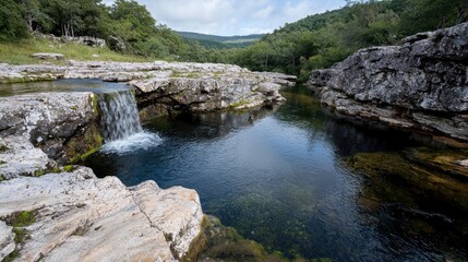 Serene waterfall cascading into a rocky pool, lush green valley background