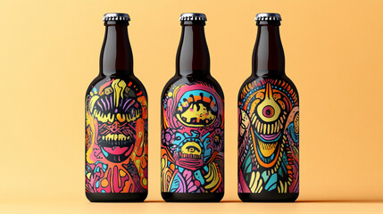 A beer bottle mockup with a bright, modern label design featuring abstract shapes and colorful splashes, set against a vibrant background, capturing a bold, youthful trend