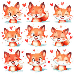 Cute Cartoon Foxes with Heart Expressions in a Fun and Playful Style
