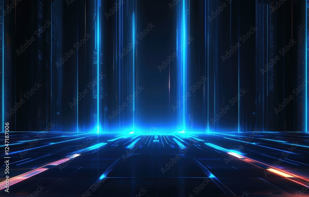 Poster futuristic digital landscape with glowing blue and orange light streams, creating a dynamic cyber en