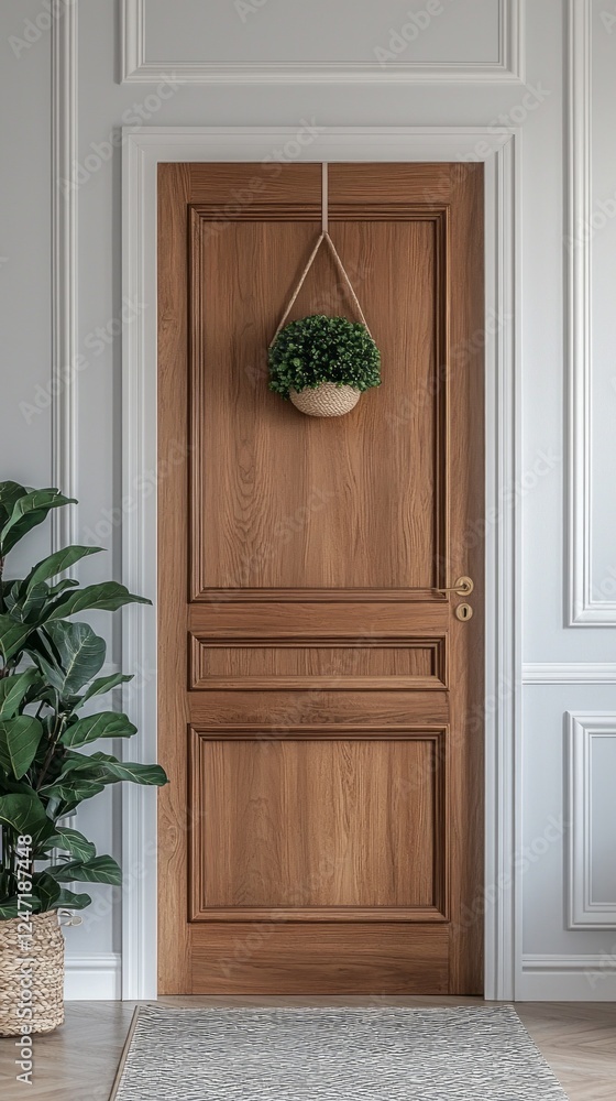 Poster a contemporary door showcases a chic hanger adorned with greenery, set in an immaculate studio. perf