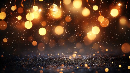 Fototapeta premium Golden lights bokeh, dark background, glitter