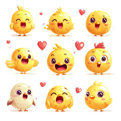 Fototapeta premium Cute Cartoon Chick Characters with Joyful Expressions and Colorful Hearts Around Them