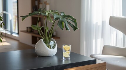 Fototapeta premium A stylish indoor setting featuring a potted green plant and a refreshing glass of lemon water, creating a calm and serene atmosphere.