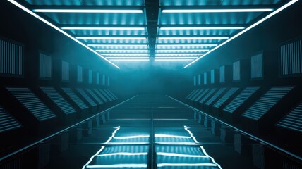 Futuristic corridor with glowing blue lights and reflective surface, creating a high-tech atmosphere.