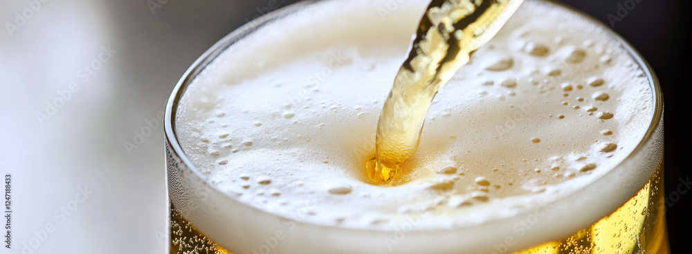 Poster a macro shot captures golden beer cascading into a transparent glass, creating an inviting foam head