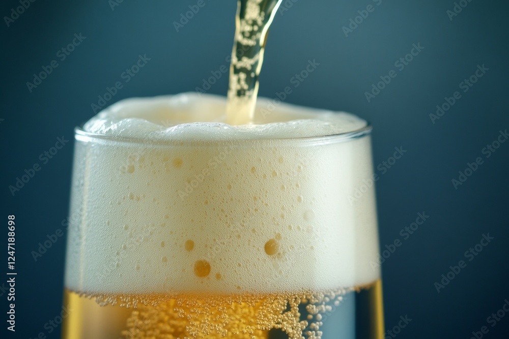 Poster beer is being poured into a transparent glass, creating an ideal foam head. the close-up macro shot 