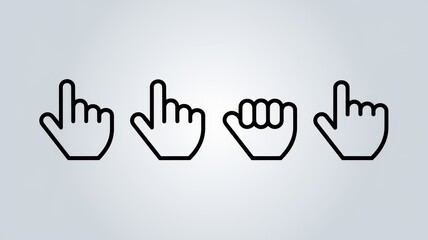 Obraz premium Four hand gesture icons showcasing different meanings, including pointing, swiping, and signaling. Minimalist design in black on a light background.