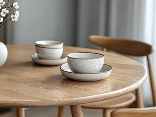 Dining table with ceramic bowls, plates, and vase of white flowers in soft natural light. Concept of simplicity, natural design, and cozy Scandinavian living.