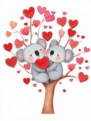 Cute and Loving Koalas Hugging Heart Tree - This adorable cartoon features two koalas holding a heart surrounded by a tree full of colorful hearts symbolizing love, affection, togetherness, and joy.