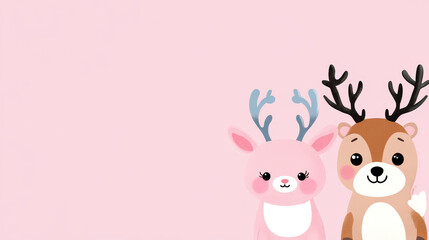Cute Cartoon Animals on Pink Background - Adorable cartoon animals with antlers set against a soft pink background, perfect for children's themes or decoration.