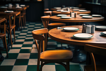 Wooden chairs and tables arranged neatly in cozy restaurant atmosphere, creating inviting dining setting with checkered floor tiles, soft ambient lighting, and elegant tableware
