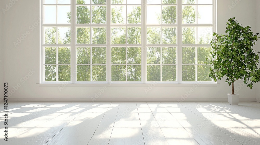 Poster sunlight streams through expansive windows, illuminating a spacious room with white wooden floors. a
