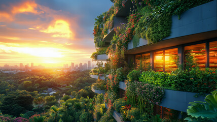 Fototapeta premium Urban balcony garden with sunset views and city skyline backdrop