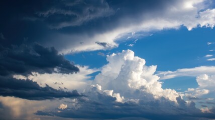 Fototapeta premium Majestic clouds create a dramatic skyline, showcasing a mix of dark storm clouds and bright white cumulus formations against a vivid blue backdrop.
