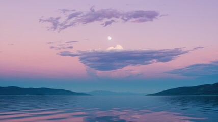 A serene landscape featuring a tranquil lake with soft pastel colors at dusk, illuminated by a full moon shining amidst gentle clouds.