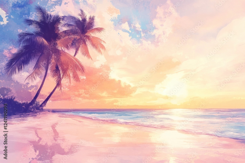Aufkleber watercolor illustration of a tropical beach at sunset with palm trees and gentle waves. generative a