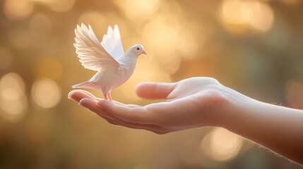 A hand releasing a white dove into the sky, a universal symbol of peace and hope. This emotional photograph is ideal for religious contexts, humanitarian efforts, and campaigns advocating