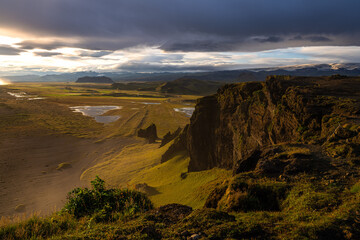 The golden hour of sunset over the Dyrholaey peninsula, in Iceland