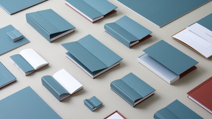A collection of modern, teal-hued books and stationery arranged artistically on a surface, creating a calming and organized visual display.